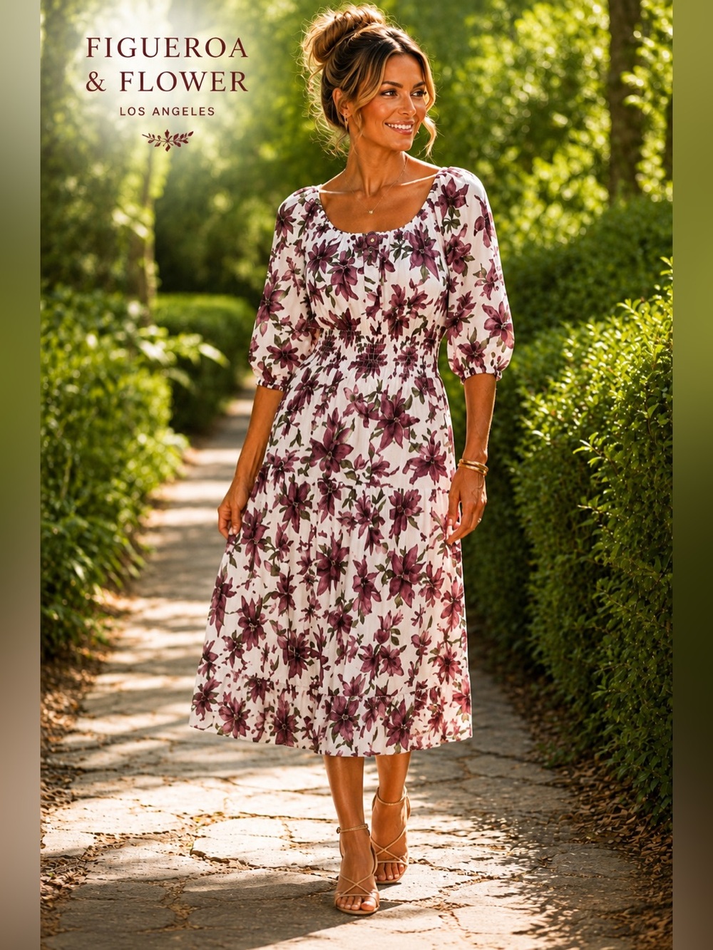 Fig & Flower,Floral Boho Dress Smocked Waist Puff-Sleeve Romantic Tiered,Size M